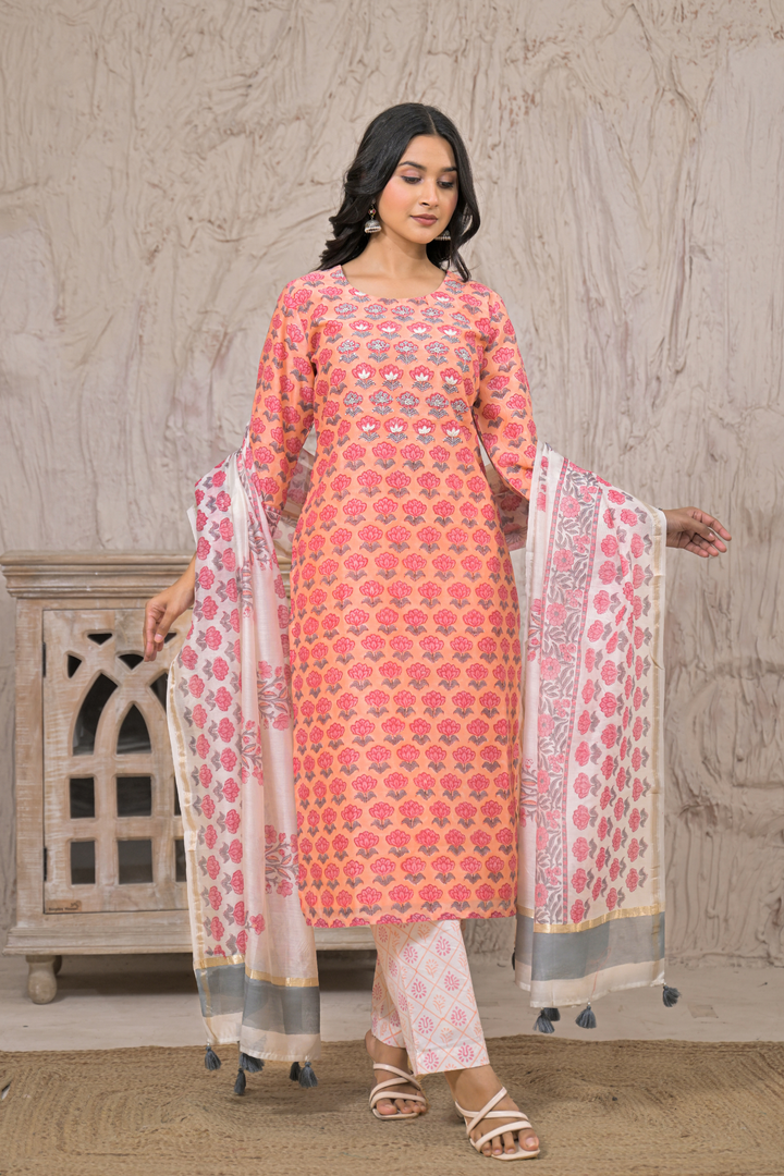 Chanderi Suit  with Aari, Pearl, Thread work.