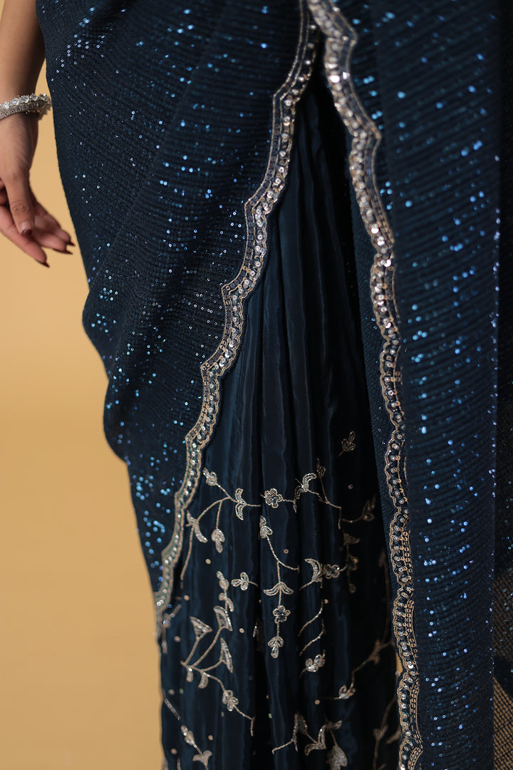 Dark Blue Shimmer Silk Saree with Cutdana and Sequins work