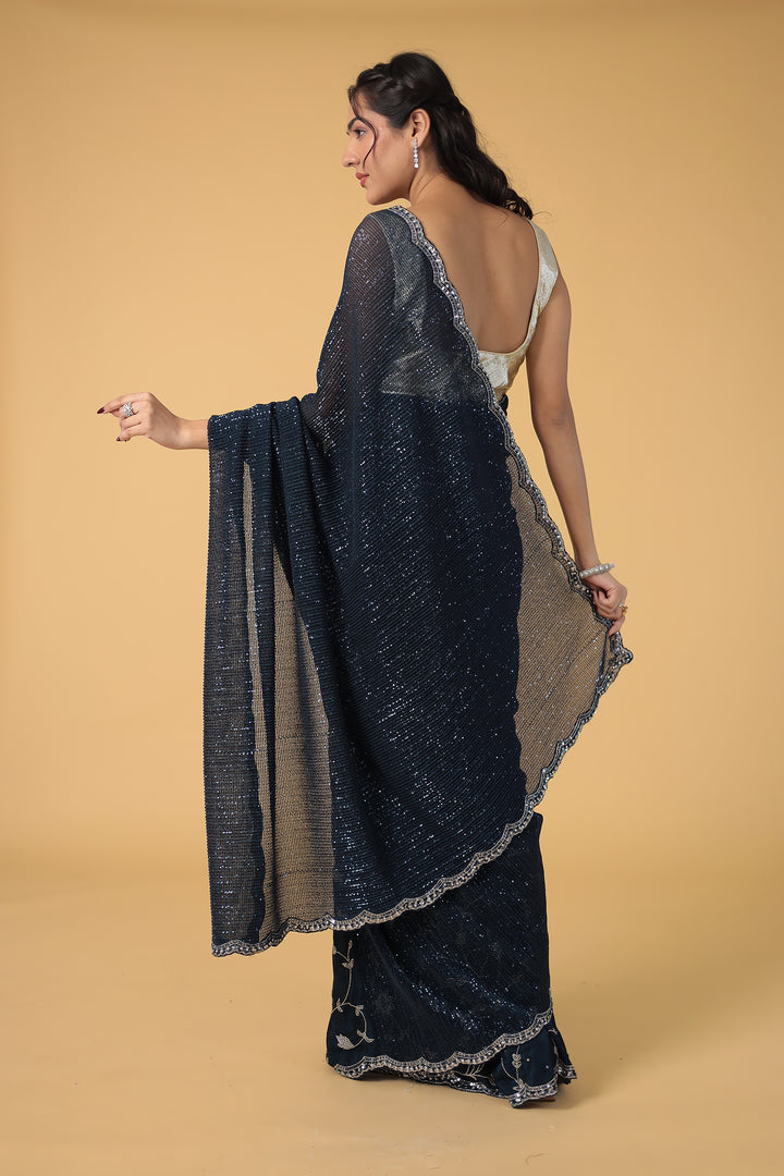 Dark Blue Shimmer Silk Saree with Cutdana and Sequins work