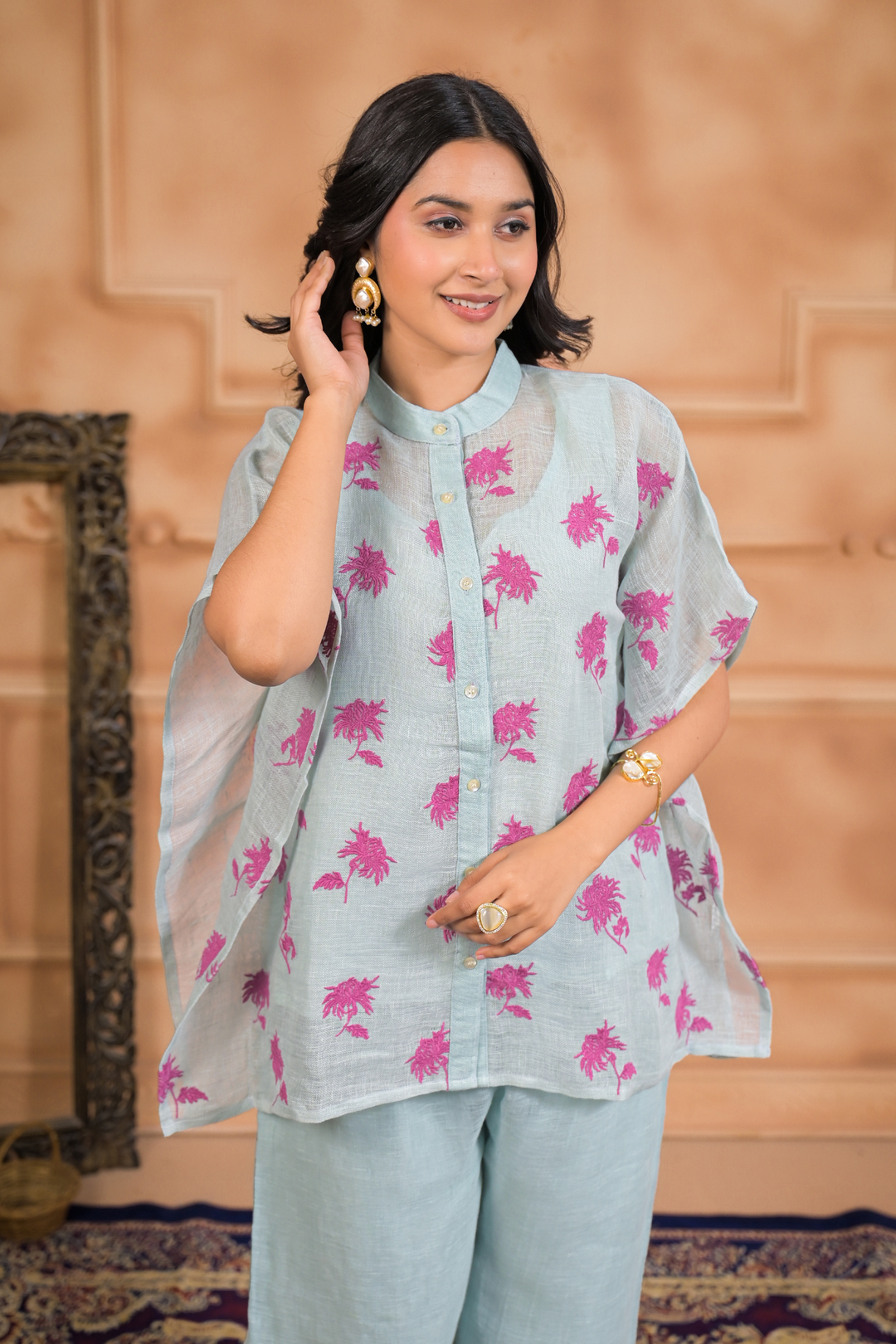 Embroidered Linen Kaftan Set Stitched