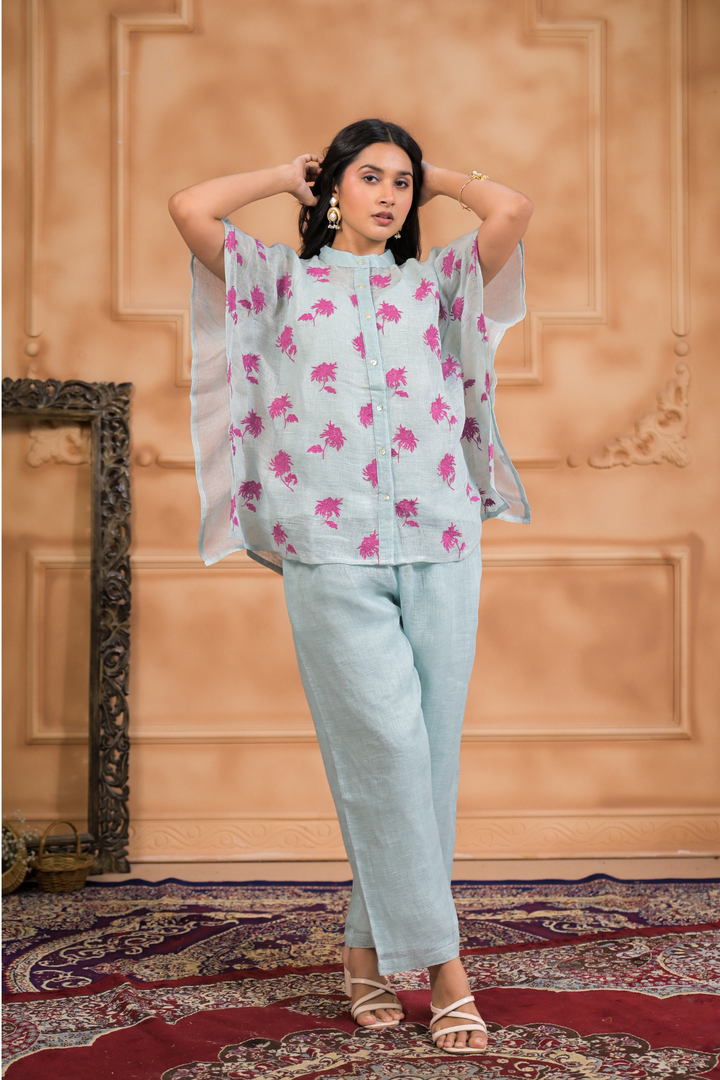 Embroidered Linen Kaftan Set Stitched