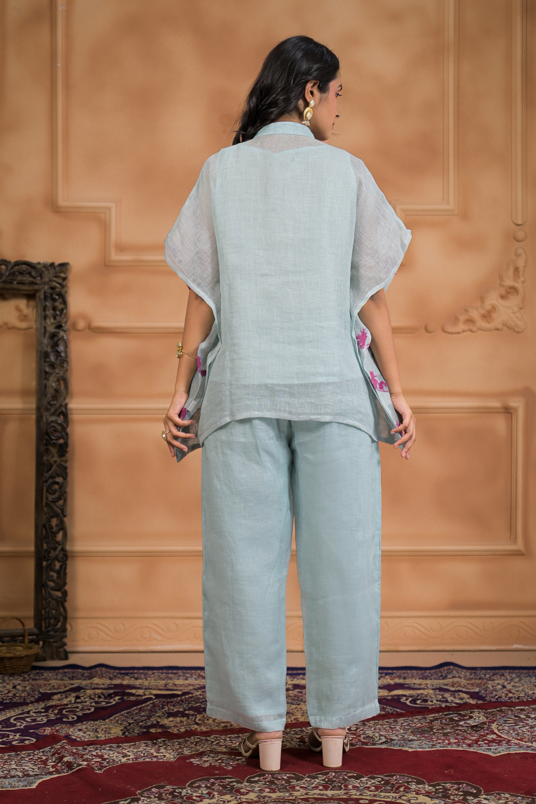 Embroidered Linen Kaftan Set Stitched