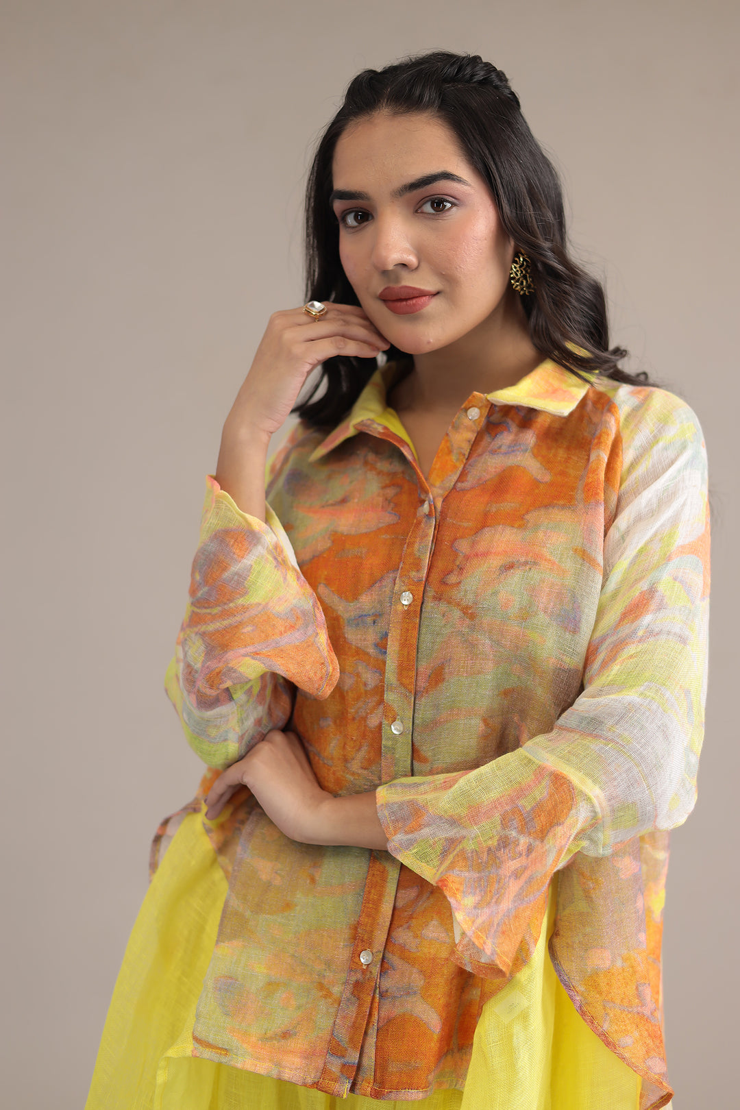 Yellow Printed Linen Kurta