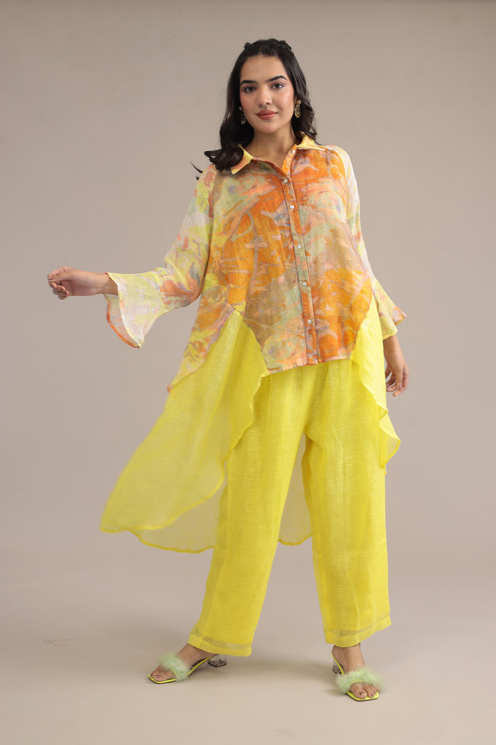 Yellow Printed Linen Kurta