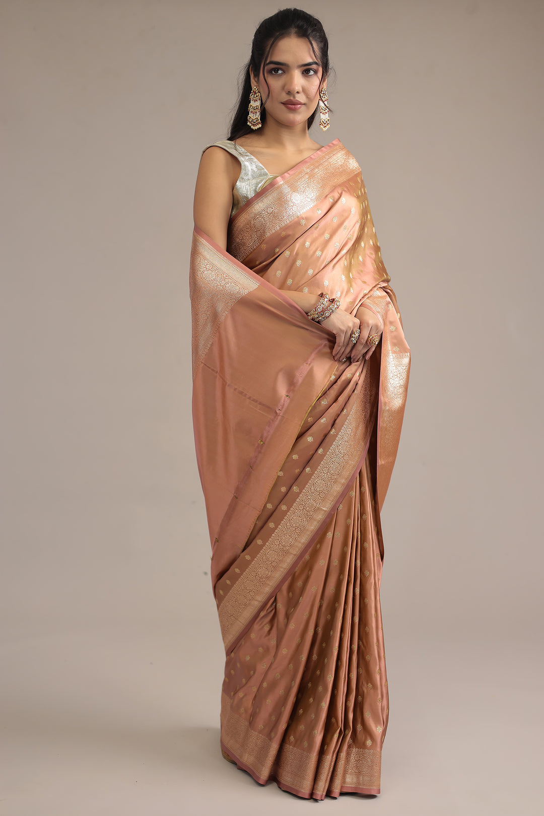 Elegant Peach Handloom Banarasi Silk Saree