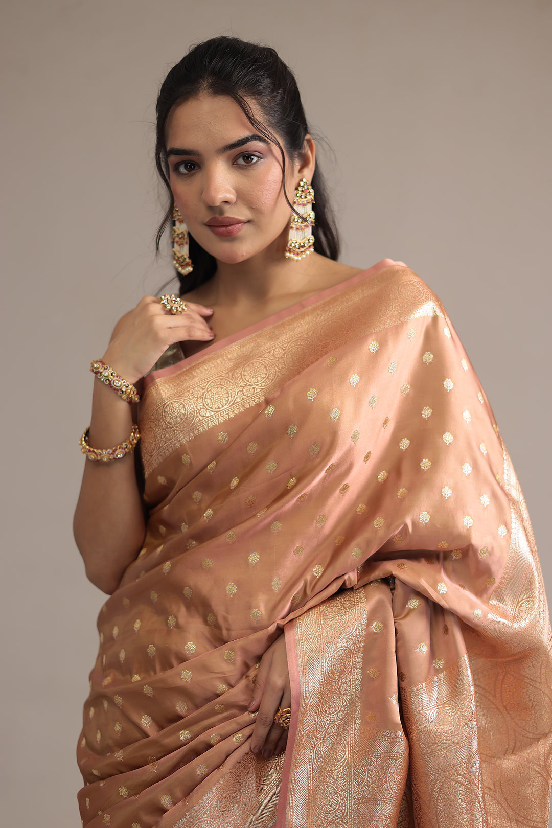Elegant Peach Handloom Banarasi Silk Saree