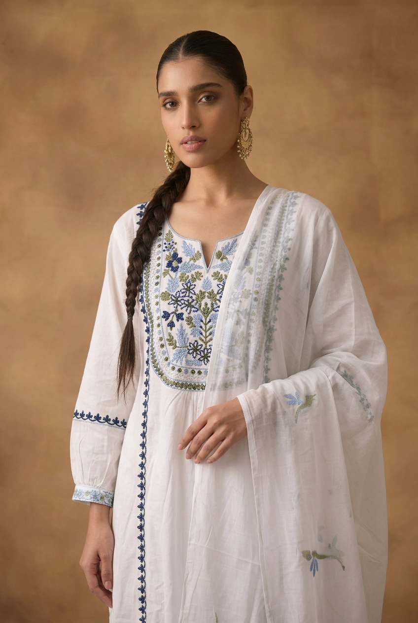 Cotton Kurta with Mirror, Thread work.