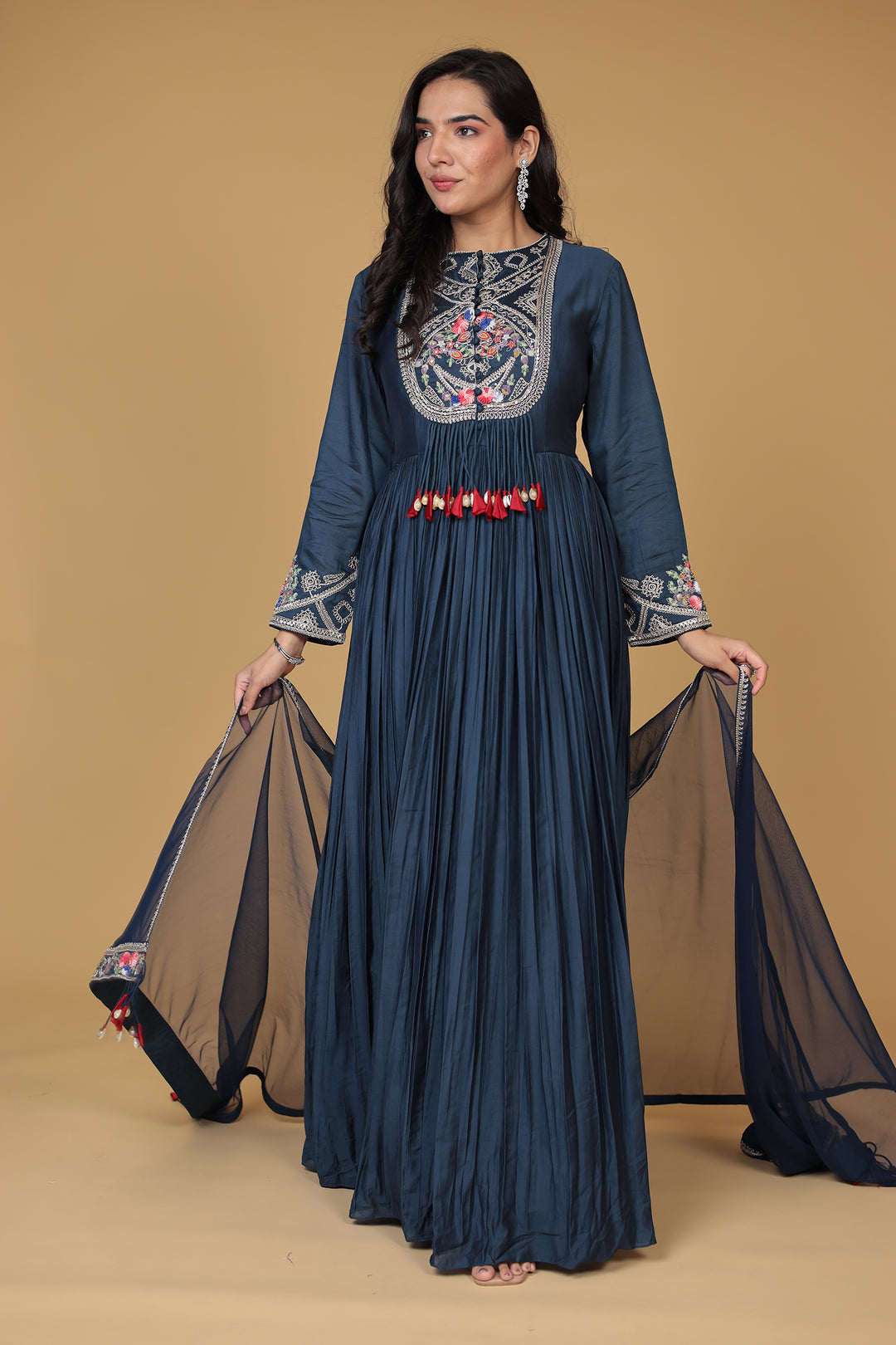 Designer Dark Blue Silk Anarkali Suit Set 