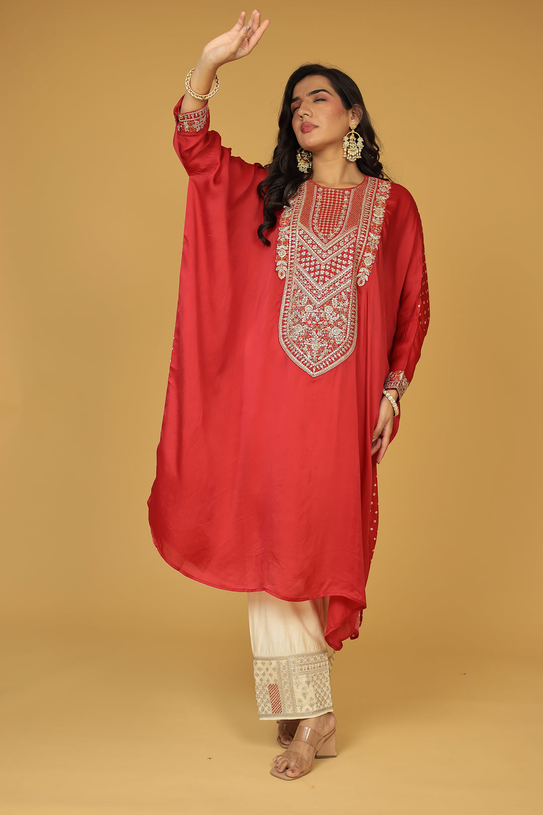 Silk Kaftan Suit with Sequins and Thread work