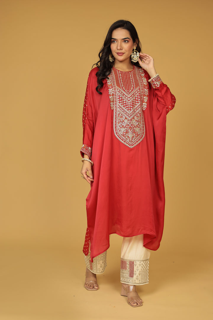 Silk Kaftan Suit with Sequins and Thread work