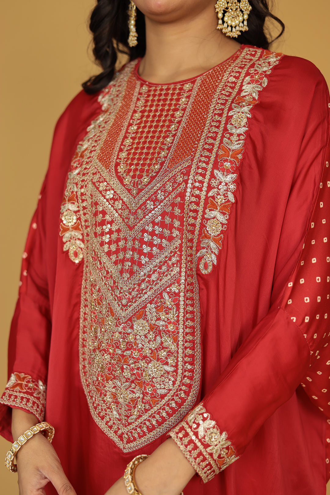 Silk Kaftan Suit with Sequins and Thread work