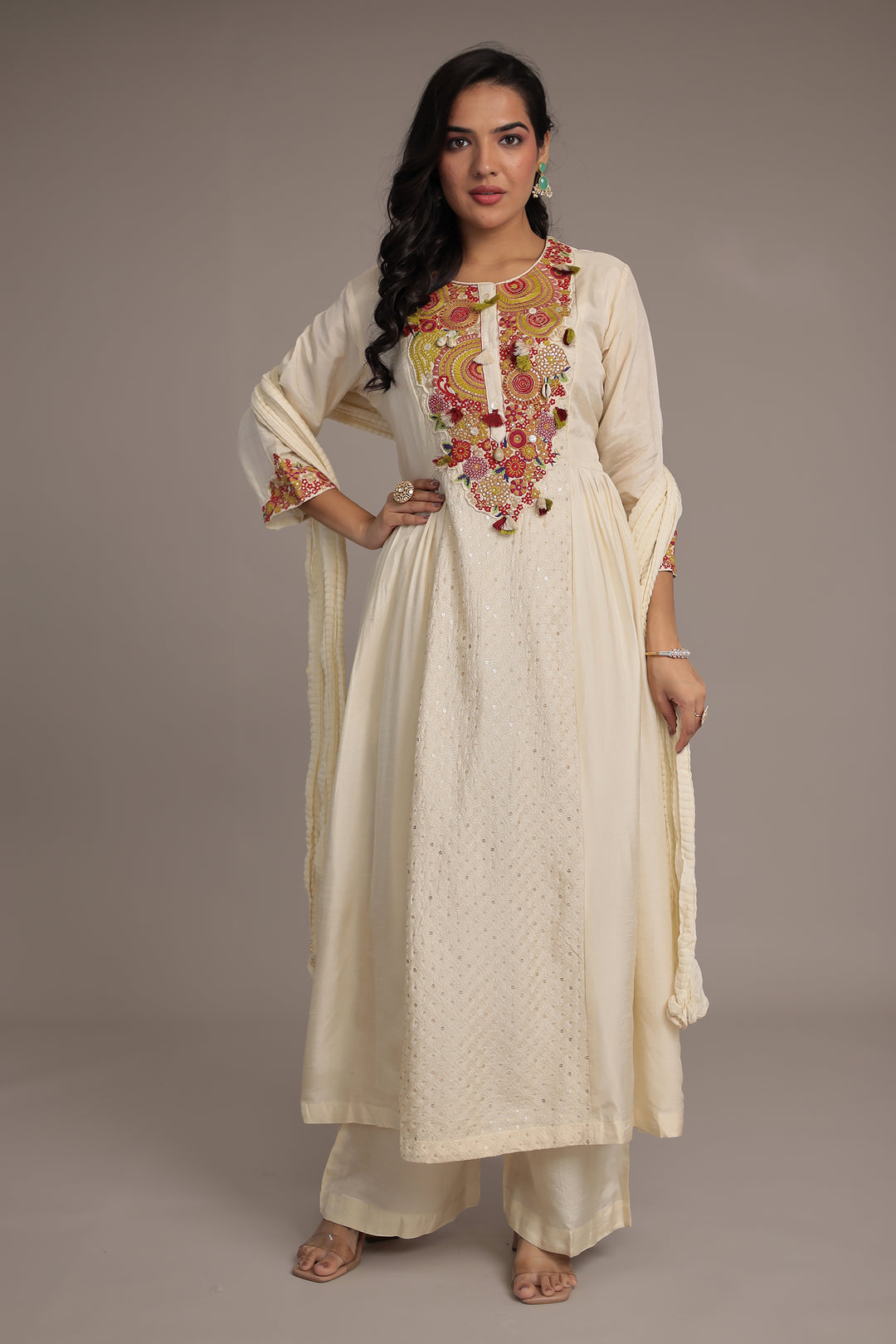 Anarkali Russian Silk Suit with Sequins and Thread work