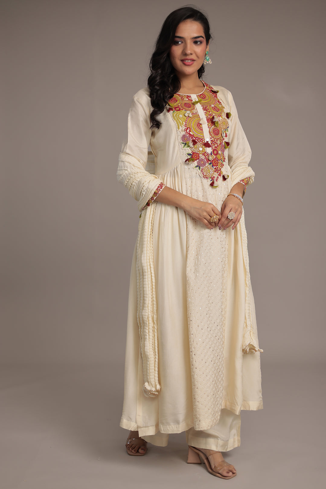 Anarkali Russian Silk Suit with Sequins and Thread work