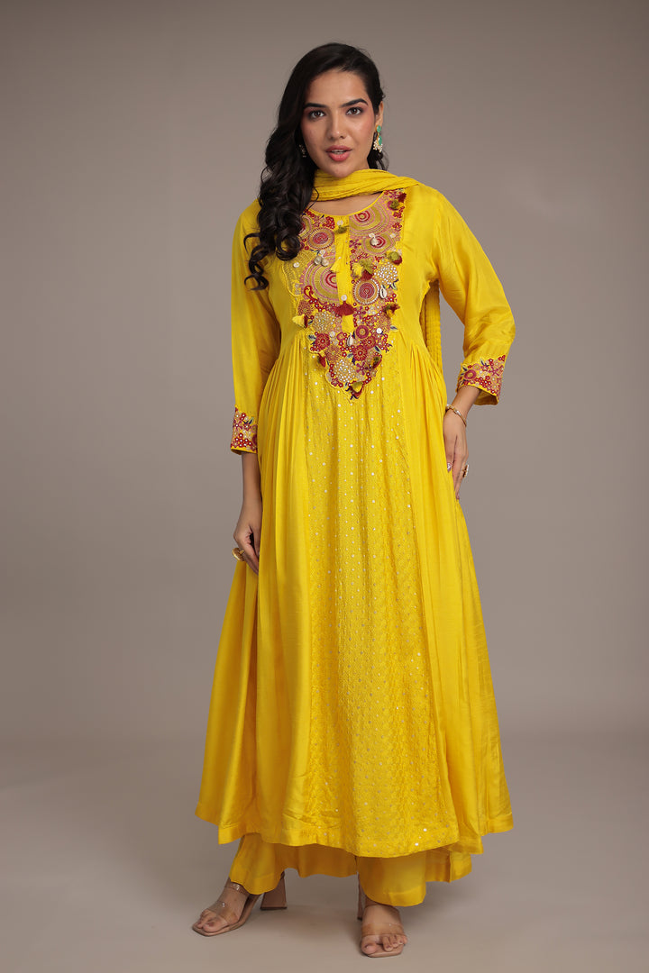 Anarkali Russian Silk Suit with Sequins and Thread work