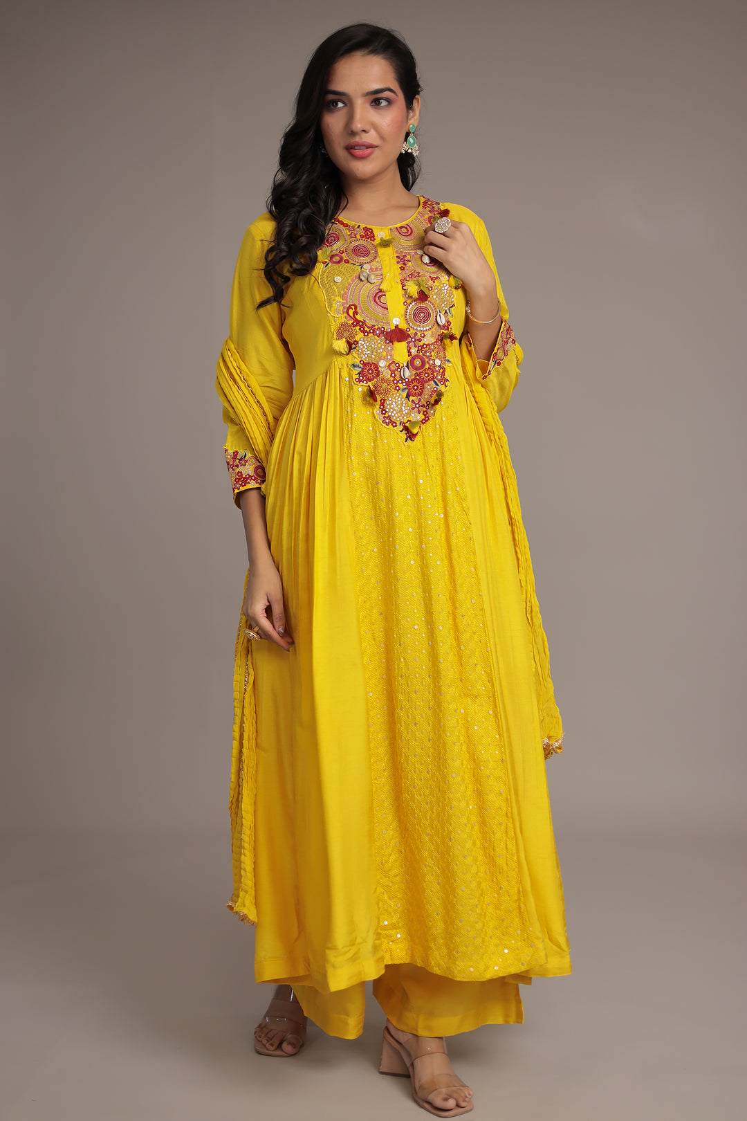 Anarkali Russian Silk Suit with Sequins and Thread work