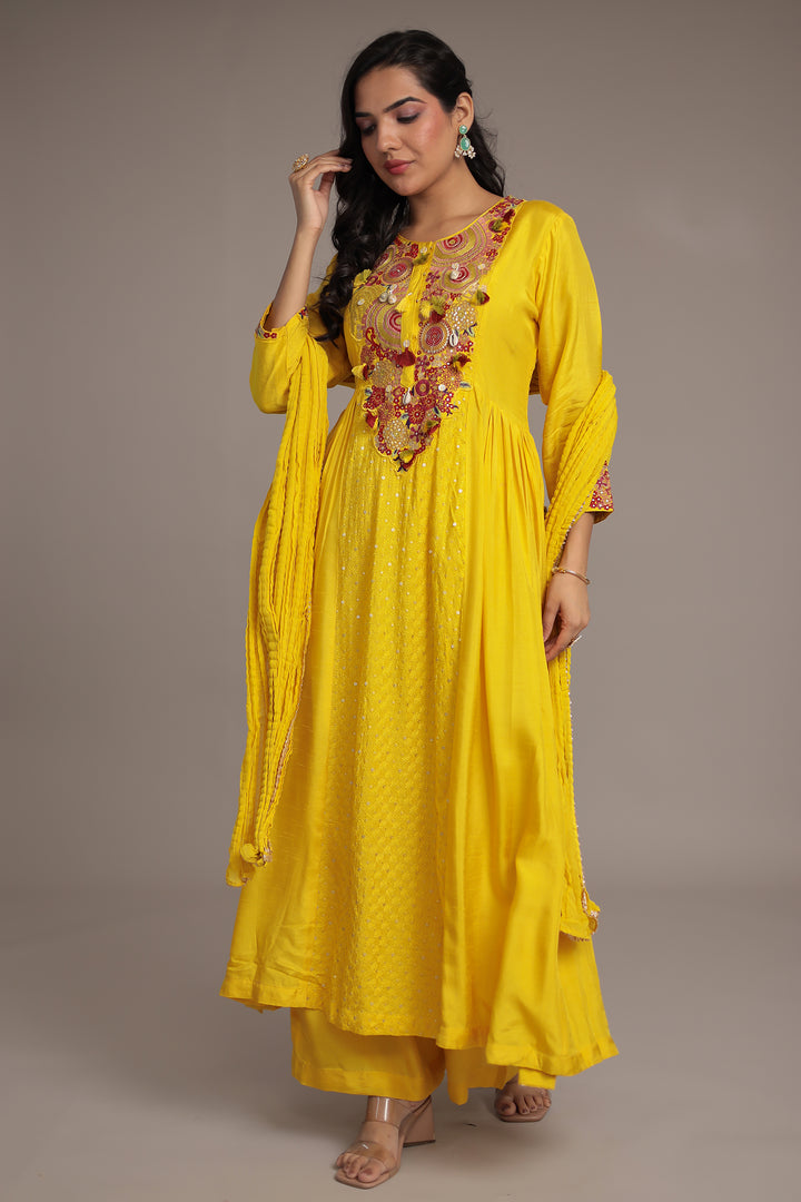 Anarkali Russian Silk Suit with Sequins and Thread work