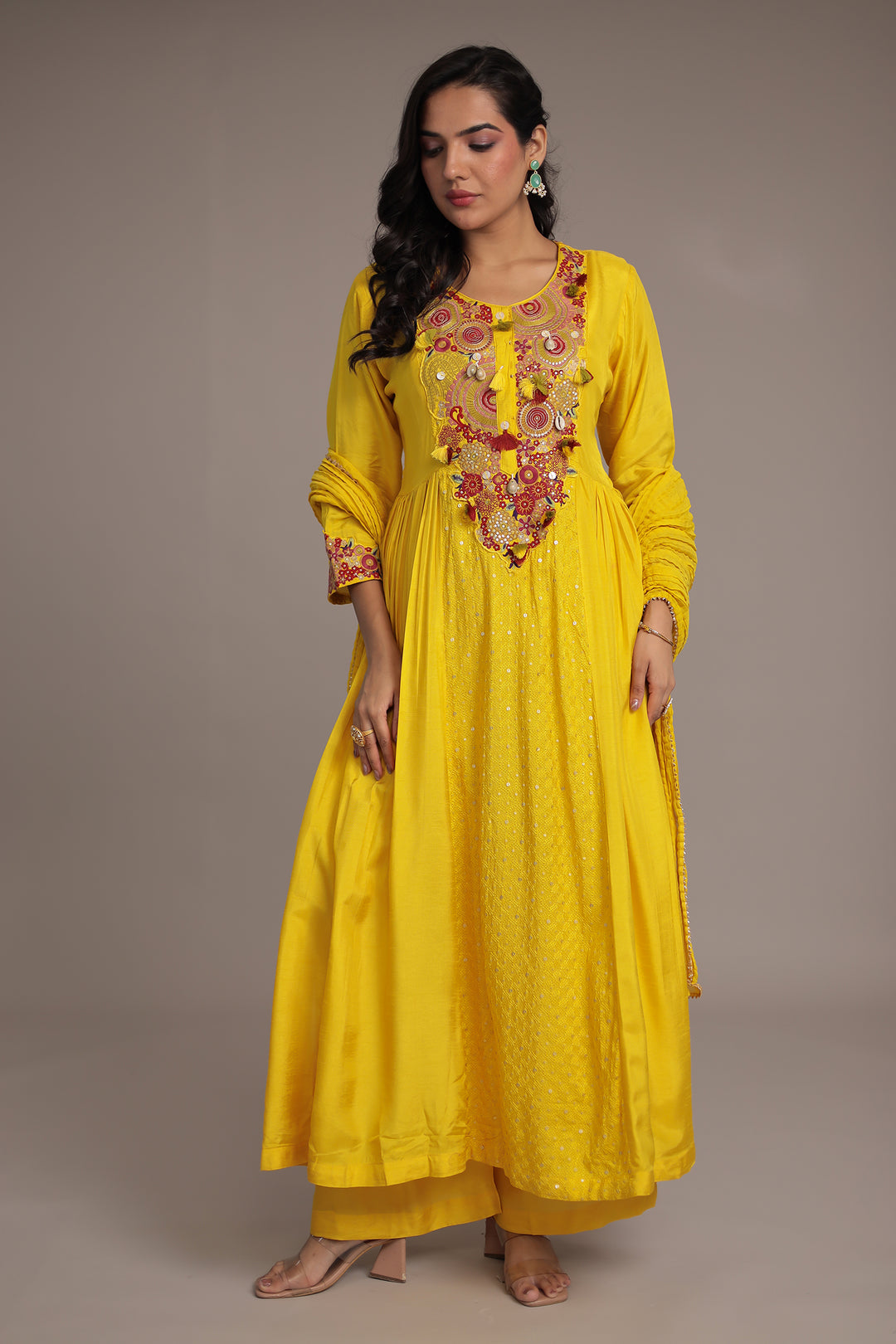 Anarkali Russian Silk Suit with Sequins and Thread work