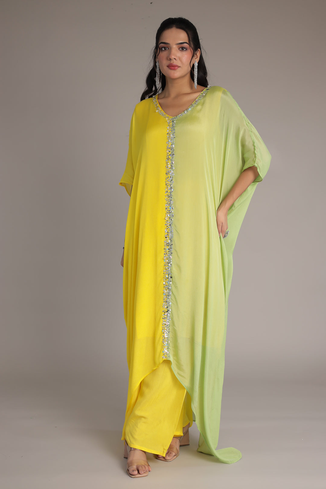 Double Shade Chinon Silk Indowestern with Sequins and Stone work