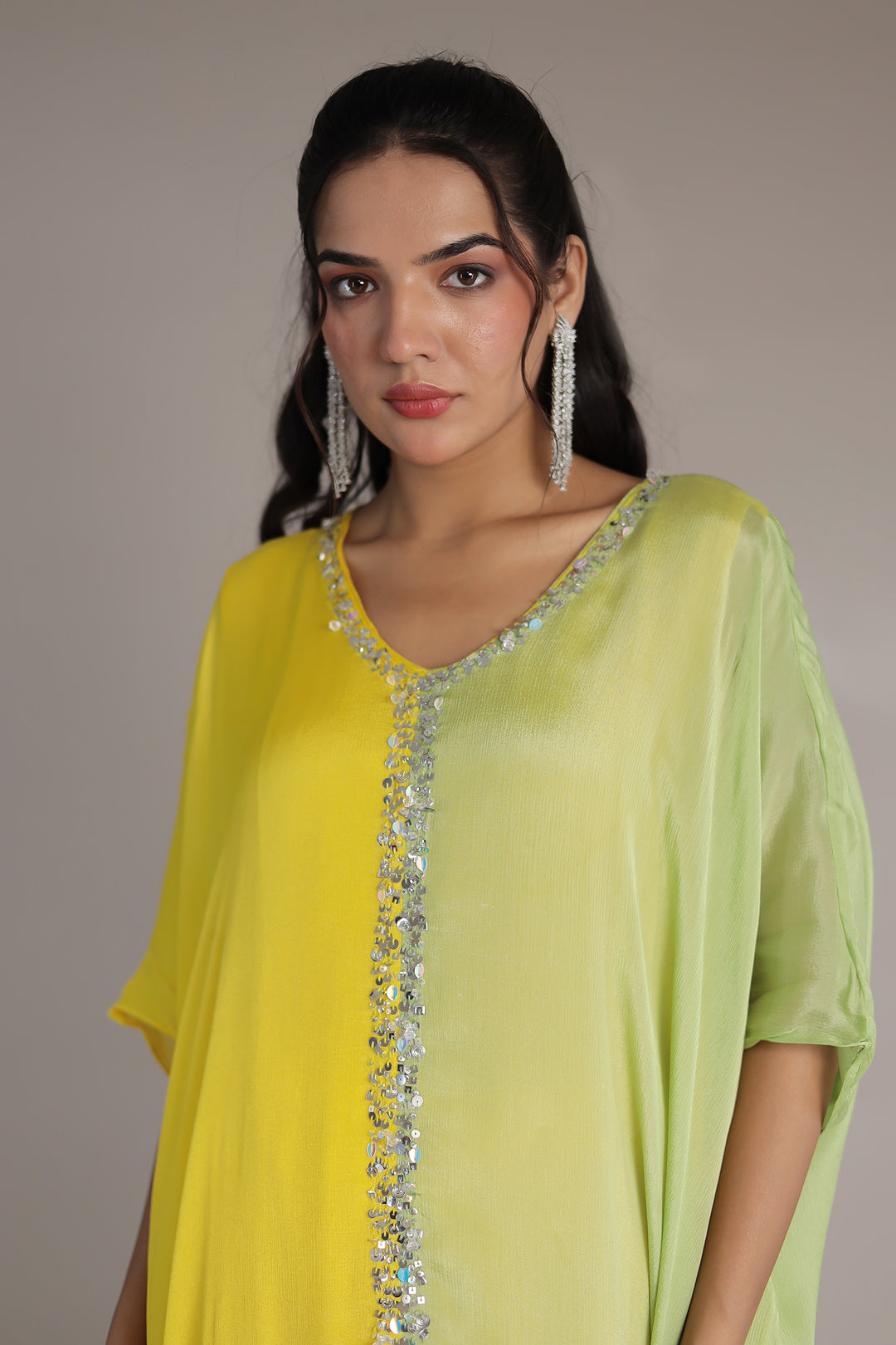 Double Shade Chinon Silk Indowestern with Sequins and Stone work