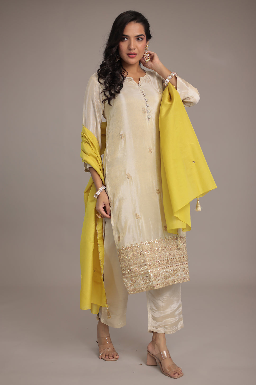 Shimmer Tissue Kurta Set Stitched with Dori and Sequence Work