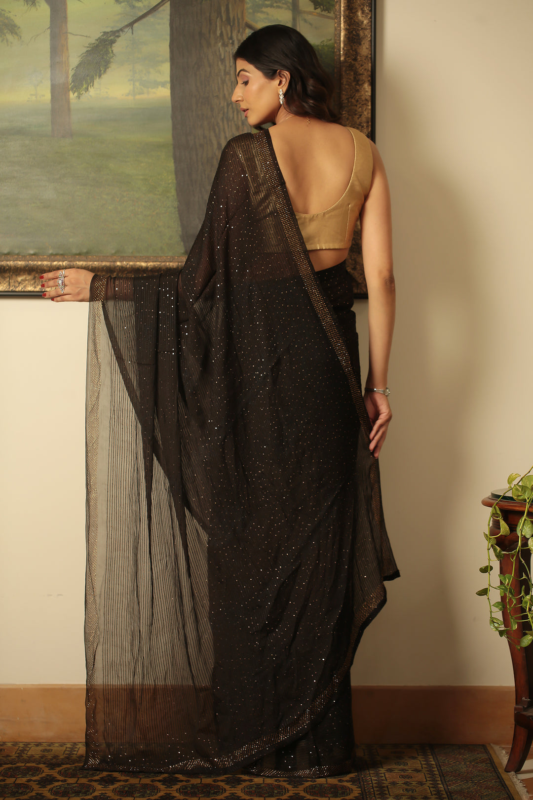 chiffon Saree with Sequins, Swarovski, Thread work.