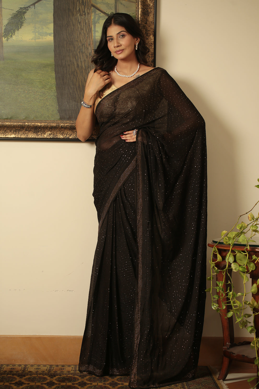 chiffon Saree with Sequins, Swarovski, Thread work.
