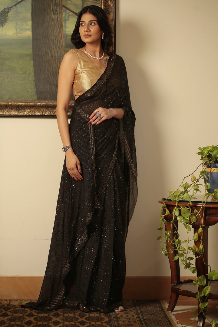 chiffon Saree with Sequins, Swarovski, Thread work.