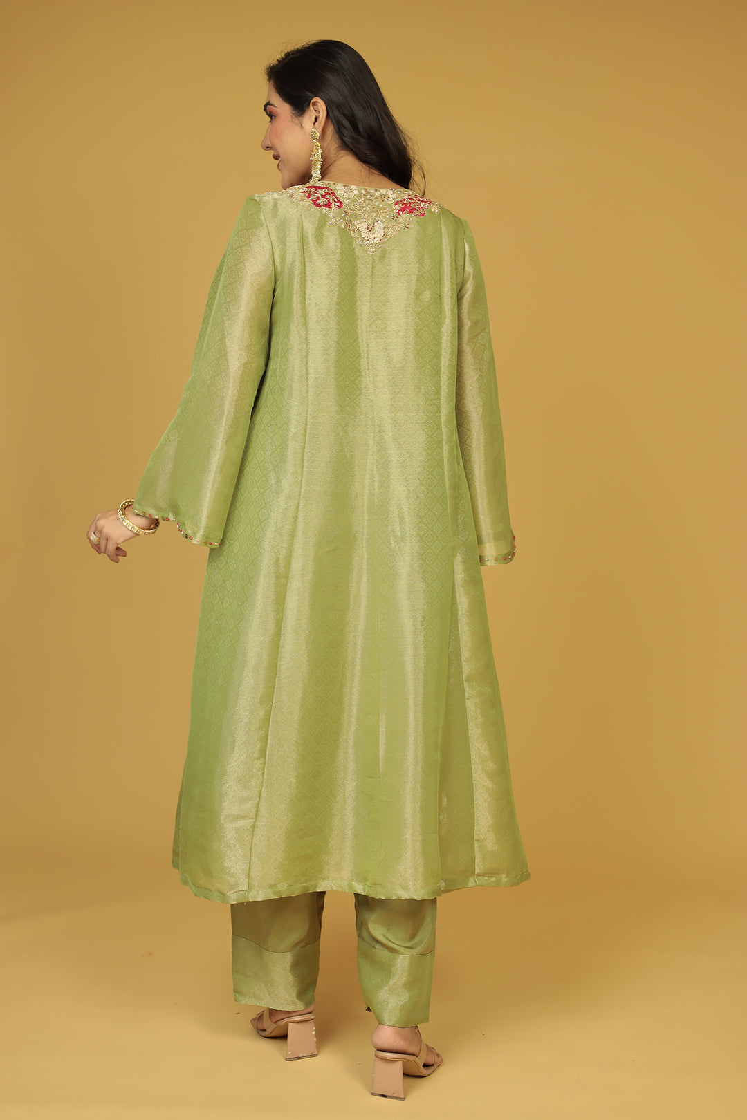 Anarkali Shimmer Tissue Indo Western (2Pc) Suit Embellished with Pearl, Thread and Zardozi work