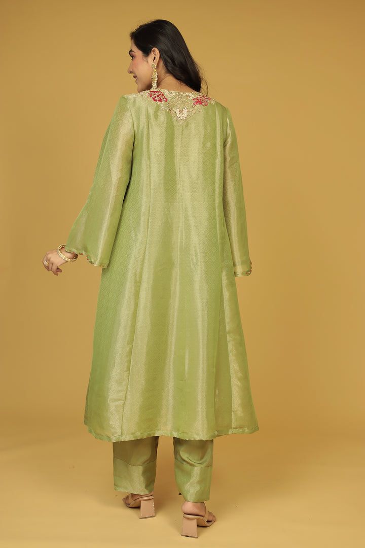 Anarkali Shimmer Tissue Indo Western (2Pc) Suit Embellished with Pearl, Thread and Zardozi work
