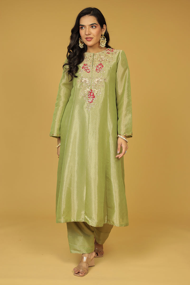 Anarkali Shimmer Tissue Indo Western (2Pc) Suit Embellished with Pearl, Thread and Zardozi work
