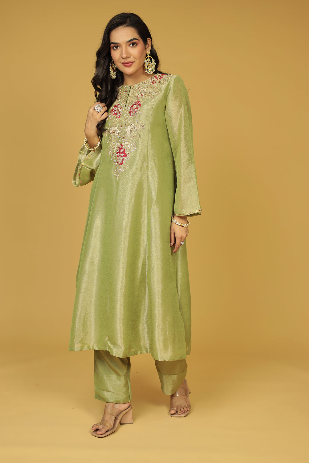 Anarkali Shimmer Tissue Indo Western (2Pc) Suit Embellished with Pearl, Thread and Zardozi work