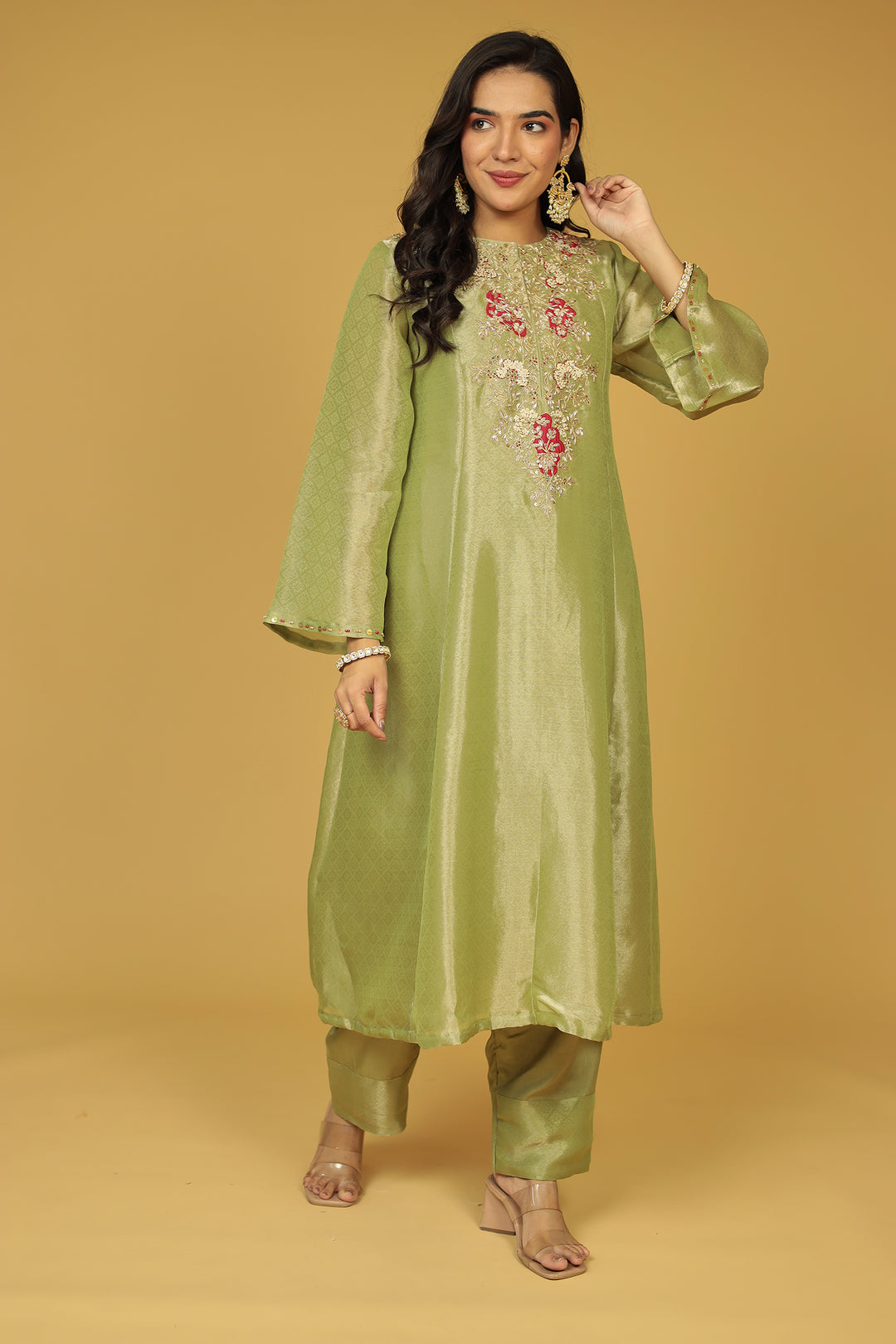 Anarkali Shimmer Tissue Indo Western (2Pc) Suit Embellished with Pearl, Thread and Zardozi work