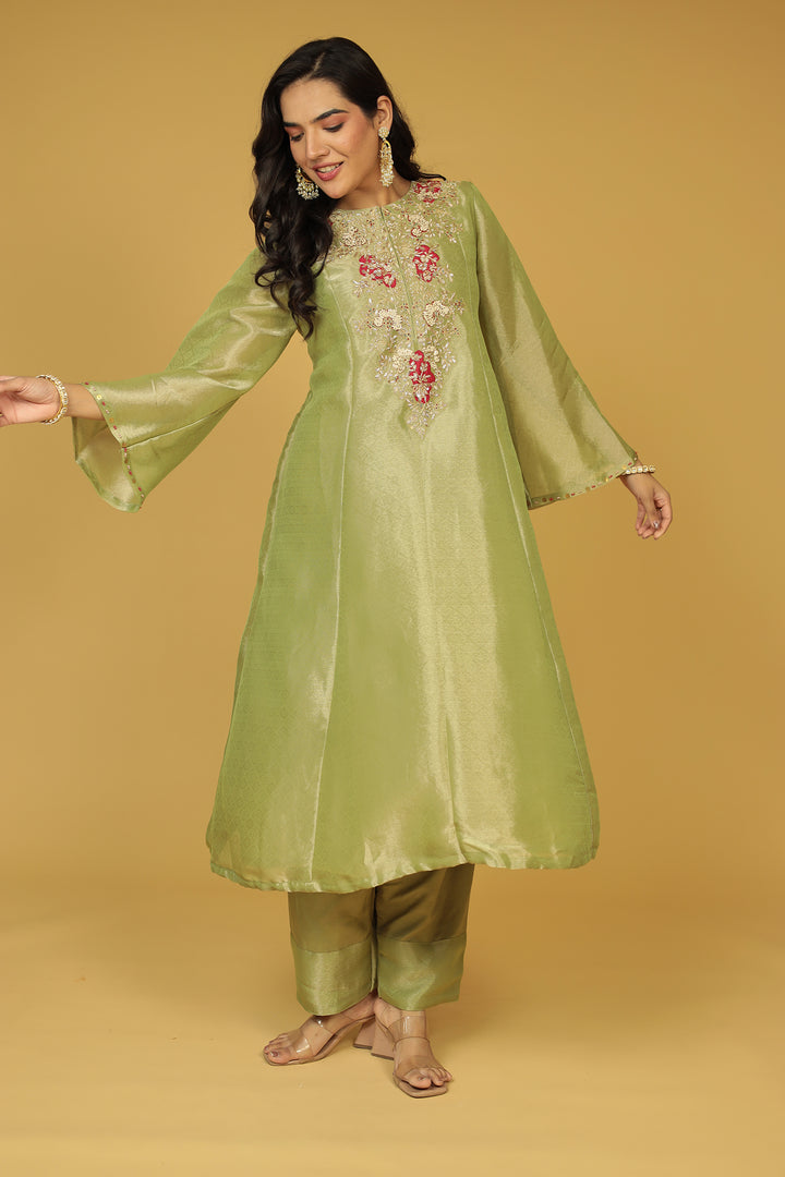 Anarkali Shimmer Tissue Indo Western (2Pc) Suit Embellished with Pearl, Thread and Zardozi work