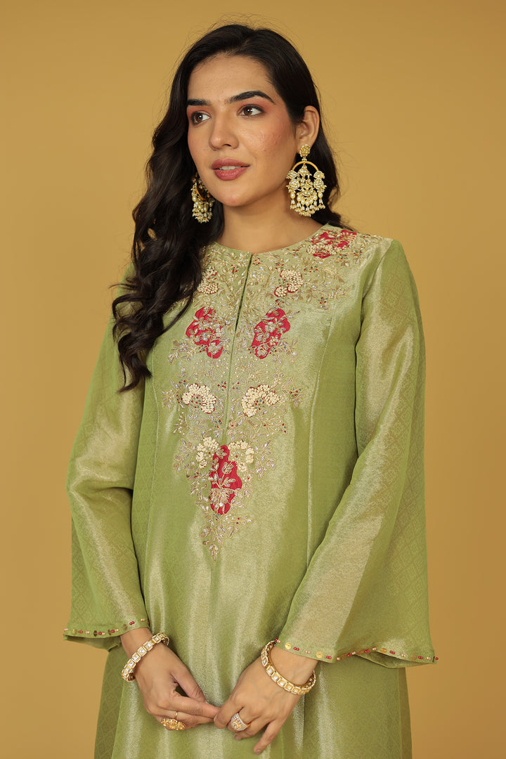 Anarkali Shimmer Tissue Indo Western (2Pc) Suit Embellished with Pearl, Thread and Zardozi work