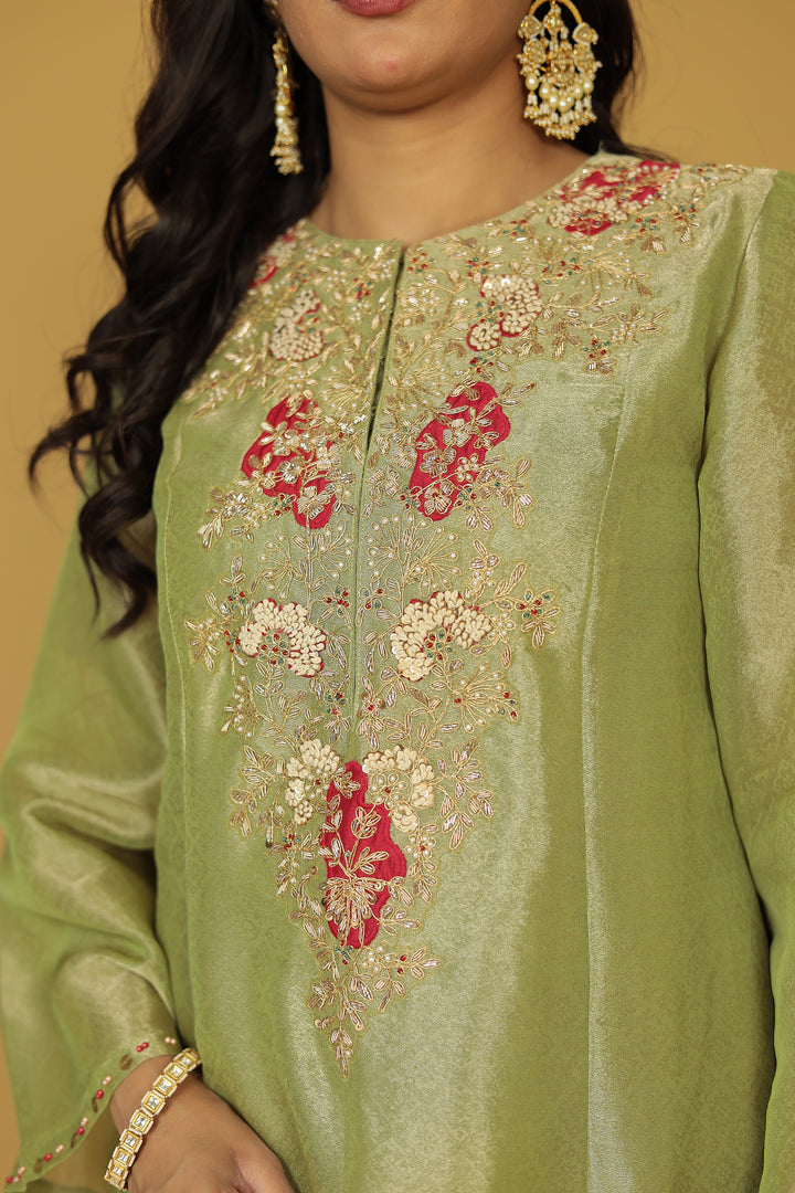 Anarkali Shimmer Tissue Indo Western (2Pc) Suit Embellished with Pearl, Thread and Zardozi work