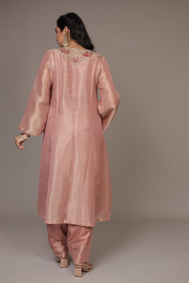 Anarkali Shimmer Tissue Indo Western (2Pc) Suit Embellished with Pearl, Thread and Zardozi work