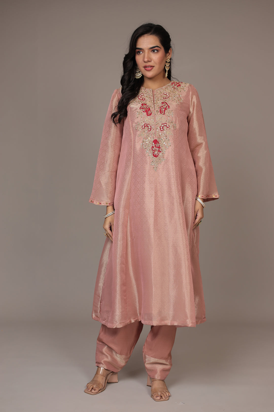 Anarkali Shimmer Tissue Indo Western (2Pc) Suit Embellished with Pearl, Thread and Zardozi work