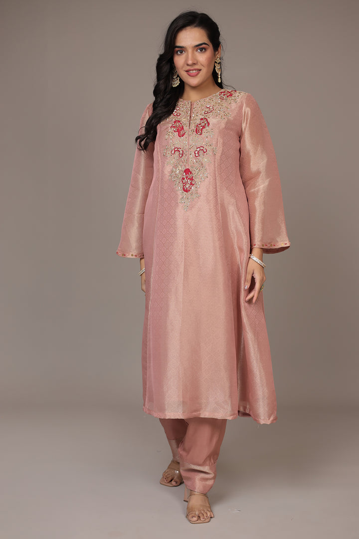 Anarkali Shimmer Tissue Indo Western (2Pc) Suit Embellished with Pearl, Thread and Zardozi work