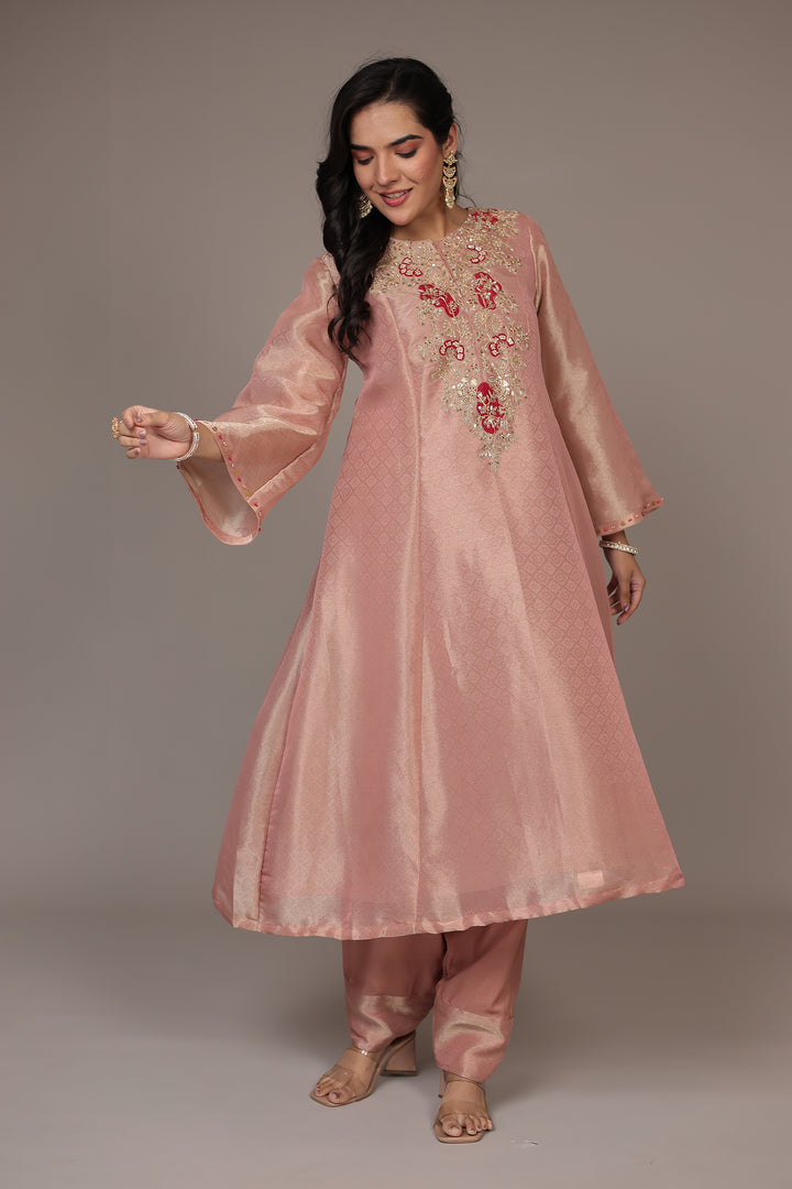 Anarkali Shimmer Tissue Indo Western (2Pc) Suit Embellished with Pearl, Thread and Zardozi work