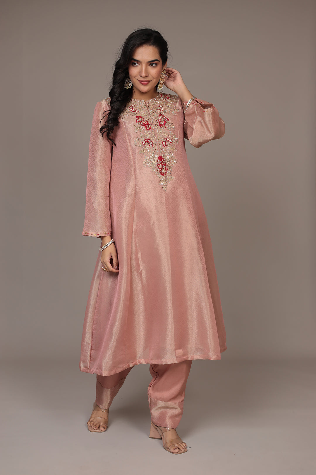 Anarkali Shimmer Tissue Indo Western (2Pc) Suit Embellished with Pearl, Thread and Zardozi work