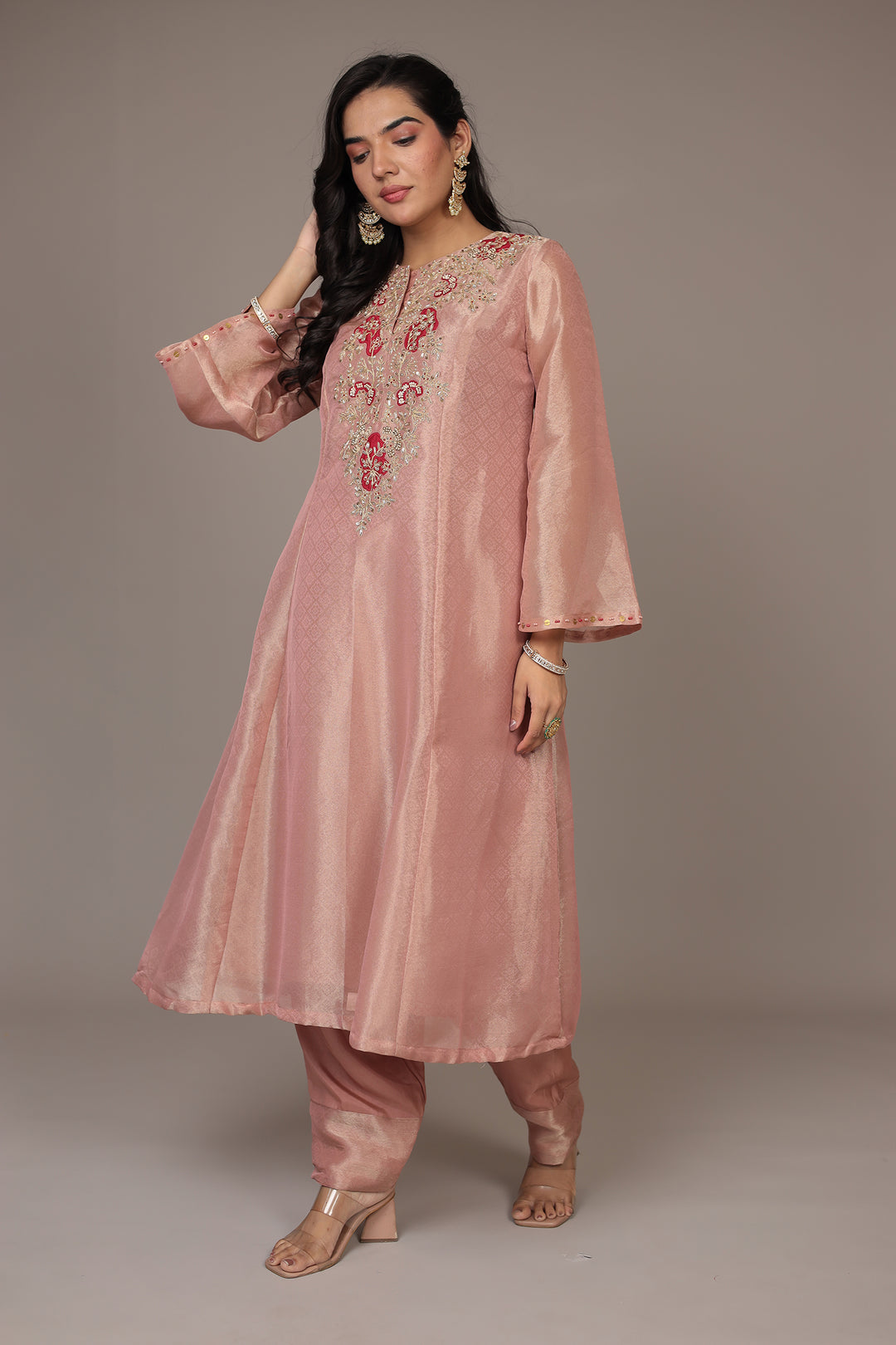 Anarkali Shimmer Tissue Indo Western (2Pc) Suit Embellished with Pearl, Thread and Zardozi work
