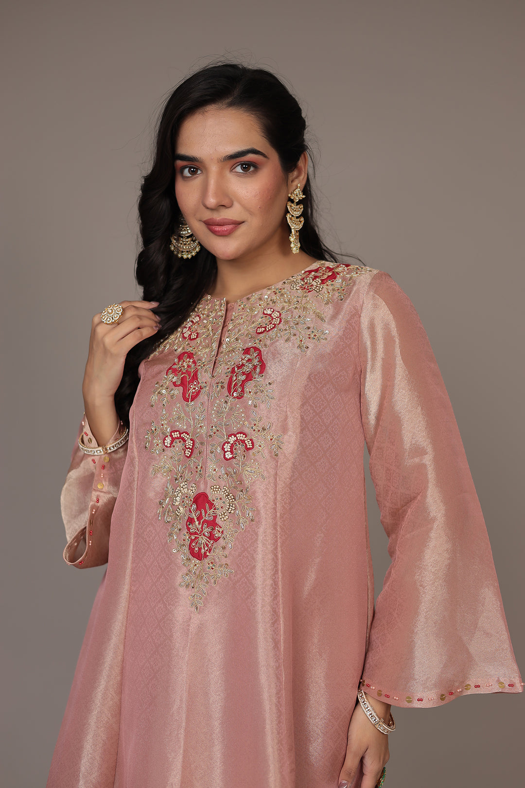 Anarkali Shimmer Tissue Indo Western (2Pc) Suit Embellished with Pearl, Thread and Zardozi work