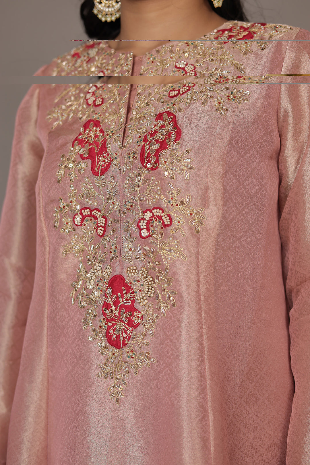 Anarkali Shimmer Tissue Indo Western (2Pc) Suit Embellished with Pearl, Thread and Zardozi work
