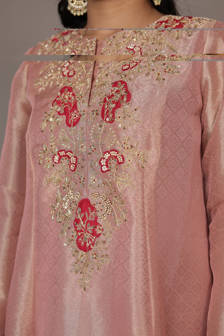 Anarkali Shimmer Tissue Indo Western (2Pc) Suit Embellished with Pearl, Thread and Zardozi work