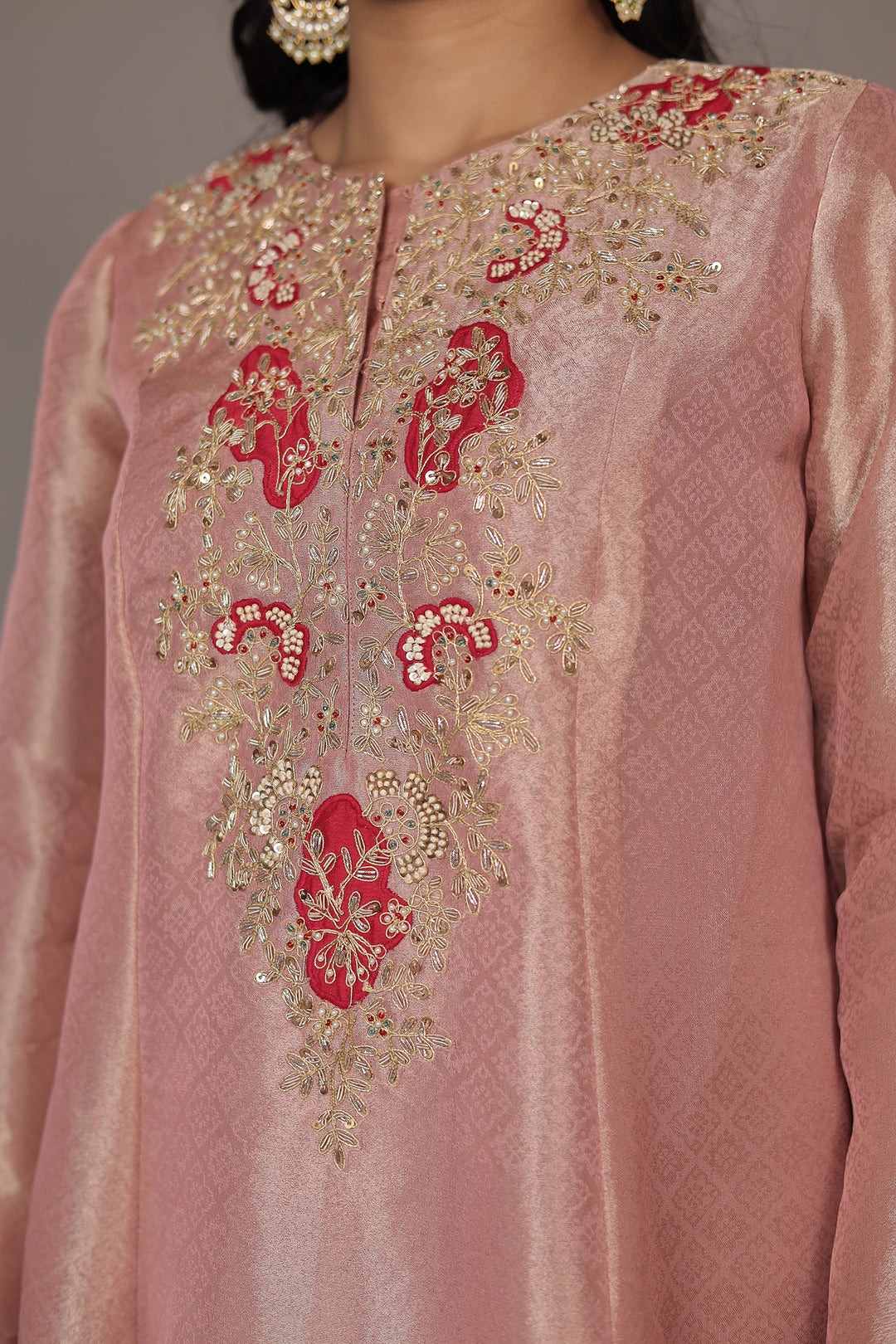 Anarkali Shimmer Tissue Indo Western (2Pc) Suit Embellished with Pearl, Thread and Zardozi work