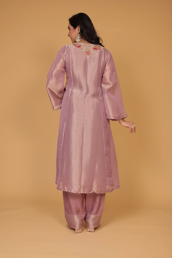 Anarkali Shimmer Tissue Indo Western (2Pc) Suit Embellished with Pearl, Thread and Zardozi work