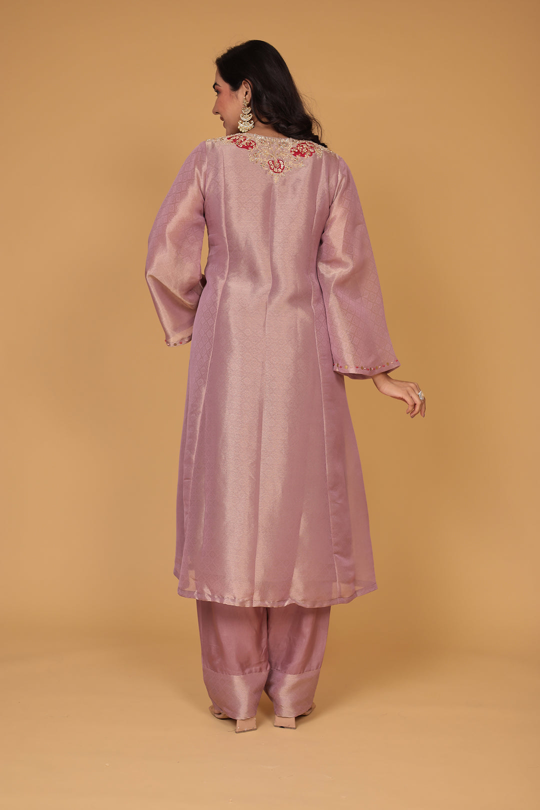 Anarkali Shimmer Tissue Indo Western (2Pc) Suit Embellished with Pearl, Thread and Zardozi work