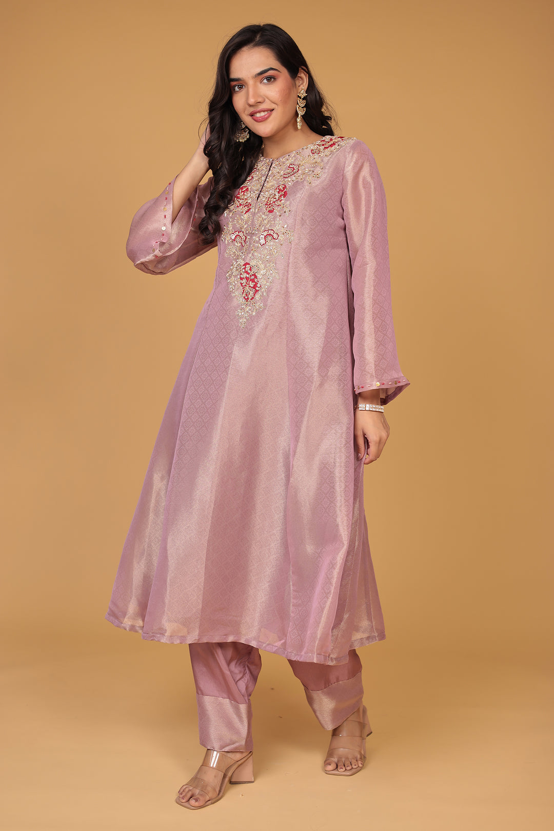 Anarkali Shimmer Tissue Indo Western (2Pc) Suit Embellished with Pearl, Thread and Zardozi work