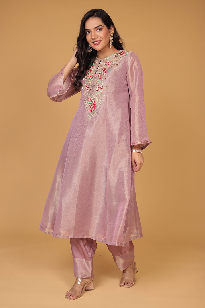 Anarkali Shimmer Tissue Indo Western (2Pc) Suit Embellished with Pearl, Thread and Zardozi work