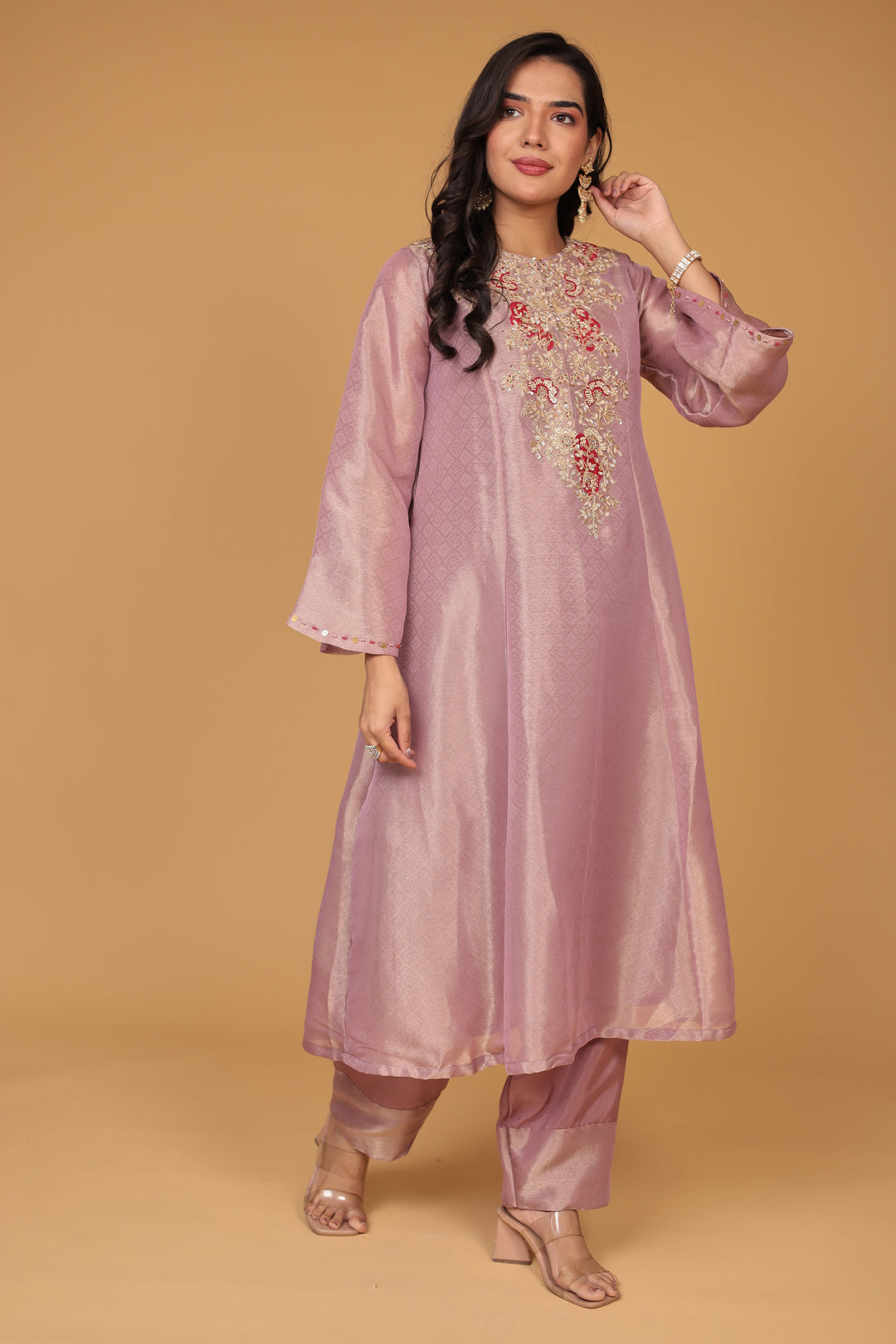 Anarkali Shimmer Tissue Indo Western (2Pc) Suit Embellished with Pearl, Thread and Zardozi work